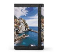 RLDOBOFE Cinque Terre Scenery Trifold Wallet Minimalist Mens Wallet with Key Hook 8 Card Slots Modern Stylish Polyester Security Wallets Fashion Slim Credit Card Holder Id Window