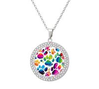 RLDOBOFE Colorful Dog Paw Print Pendant Necklace for Women Silver Charm Diamond Circle Necklaces with 20 Inch Chain Cute Diamond Jewelry Necklaces for Birthday Christmas Valentine's Day Gift