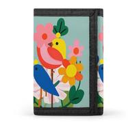RLDOBOFE Colorful Flowers Bird Trifold Wallet Minimalist Mens Wallet with Key Hook 8 Card Slots Modern Stylish Polyester Security Wallets Fashion Slim Credit Card Holder Id Window