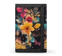 RLDOBOFE Colorful Flowers Trifold Wallet Minimalist Mens Wallet with Key Hook 8 Card Slots Modern Stylish Polyester Security Wallets Fashion Slim Credit Card Holder Id Window