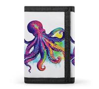 RLDOBOFE Colorful Octopus Trifold Wallet Minimalist Mens Wallet with Key Hook 8 Card Slots Modern Stylish Polyester Security Wallets Fashion Slim Credit Card Holder Id Window