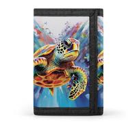 RLDOBOFE Colorful Sea Turtle Trifold Wallet Minimalist Mens Wallet with Key Hook 8 Card Slots Modern Stylish Polyester Security Wallets Fashion Slim Credit Card Holder Id Window