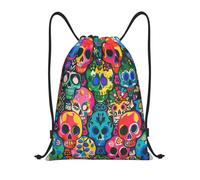 RLDOBOFE Colorful Skulls Print Drawstring Backpack Sports Gym Sackpack Waterproof Swim Bag Men Women Draw String Bag, Black, M