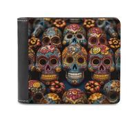 RLDOBOFE Colorful Sugar Skulls Wallet Passcase for Men, Extra Capacity Bifold Leather Wallets with ID Windows, Slim Stylish Wallet for Gift, Blocking Money Clip for Cards, Coin Pouch