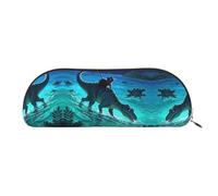 RLDOBOFE Cool Cat Riding Dinosaur Blue Blue Green Ocean Pencil Pouch Leather,Small Pen Bags With Zipper For Pencils,Pens,Markers,Makeups,Change,Coins