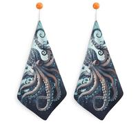 RLDOBOFE Cool Octopus Hand Towel with Rings, Personalized Hand Towels for Bathroom, Highly Absorbent Square Towels 2PCS, Super Soft Towel with Lanyard for Kitchen, Hotel