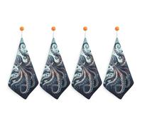 RLDOBOFE Cool Octopus Hand Towel with Rings, Personalized Hand Towels for Bathroom, Highly Absorbent Square Towels 4PCS, Super Soft Towel with Lanyard for Kitchen, Hotel