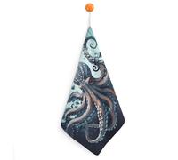 RLDOBOFE Cool Octopus Hand Towel with Rings, Personalized Hand Towels for Bathroom, Highly Absorbent Square Towels 1PCS, Super Soft Towel with Lanyard for Kitchen, Hotel