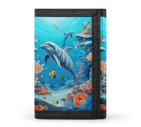 RLDOBOFE Coral Fish Dolphins Trifold Wallet Minimalist Mens Wallet with Key Hook 8 Card Slots Modern Stylish Polyester Security Wallets Fashion Slim Credit Card Holder Id Window