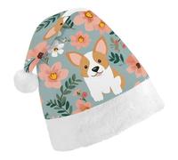 RLDOBOFE Corgi Floral Flowers Spring Garden Christmas Hat Classic Santa Claus Hat with Plush Trim for New Year Xmas Party Supply