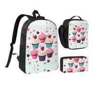 RLDOBOFE Cupcake candy hearts sweet Backpack Set 3 PCS - 17 Inch Laptop Backpack with Lunch Bag, Waterproof Daypack Insulated Lunch Box Large Capacity Coin Pouch Personalized Gift