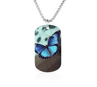 RLDOBOFE Custom Blue Butterfly Pendant Necklace Memorial Photo Picture Necklace 23" Box Chain Commemorative Dog Tag Personalized Keepsake Jewelry Gift for Valentines Day