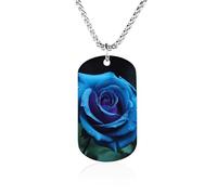 RLDOBOFE Custom Romantic Blue Rose Pendant Necklace Memorial Photo Picture Necklace 23" Box Chain Commemorative Dog Tag Personalized Keepsake Jewelry Gift for Valentines Day