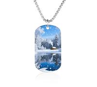 RLDOBOFE Custom Snow Forest Cabin Pendant Necklace Memorial Photo Picture Necklace 23" Box Chain Commemorative Dog Tag Personalized Keepsake Jewelry Gift for Valentines Day
