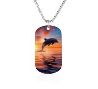 RLDOBOFE Custom Sunset Dolphin Pendant Necklace Memorial Photo Picture Necklace 23" Box Chain Commemorative Dog Tag Personalized Keepsake Jewelry Gift for Valentines Day