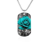 RLDOBOFE Custom Teal Grey Rose Pendant Necklace Memorial Photo Picture Necklace 23" Box Chain Commemorative Dog Tag Personalized Keepsake Jewelry Gift for Valentines Day