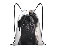 RLDOBOFE Cute Black Pug Dog Drawstring Backpack Sports Gym Sackpack Waterproof Swim Bag Men Women Draw String Bag, Black, S