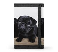 RLDOBOFE Cute Black Pug Trifold Wallet Minimalist Mens Wallet with Key Hook 8 Card Slots Modern Stylish Polyester Security Wallets Fashion Slim Credit Card Holder Id Window