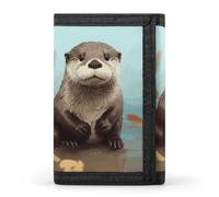 RLDOBOFE Cute Otter Trifold Wallet Minimalist Mens Wallet with Key Hook 8 Card Slots Modern Stylish Polyester Security Wallets Fashion Slim Credit Card Holder Id Window