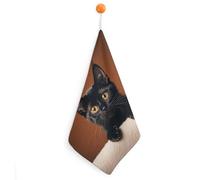 RLDOBOFE Cute Peeping Black Cat Hand Towel with Rings, Personalized Hand Towels for Bathroom, Highly Absorbent Square Towels 1PCS, Super Soft Towel with Lanyard for Kitchen, Hotel