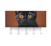 RLDOBOFE Cute Peeping Black Cat Key Holder Wall Mount, Adhesive Key Rail Rack Hanger Holder White with 5 Hooks, No Drill, Keys Chain Organizer for Living Room, Front Door, Hallway, Office