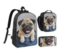RLDOBOFE Cute Pug Dog Backpack Set 3 PCS - 17 Inch Laptop Backpack with Lunch Bag, Waterproof Daypack Insulated Lunch Box Large Capacity Coin Pouch Personalized Gift