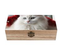 RLDOBOFE Cute White Cat Wooden Keepsake Box with Lids Wood Storage Box with A Hinged Lid Decorative Boxes Table Large Rectangular Organizer Container for Jewelry Photos Craft