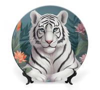 RLDOBOFE Cute White Tiger Decorative Plate Round Salad Dessert Plate Porcelain Plates Ceramic Ornament Chinese Classical Art Decor for Display for Home Wall Dining Coffee Table 6inch