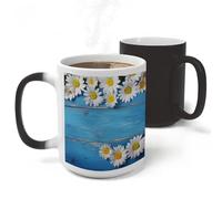 RLDOBOFE Daisy Flowers Blue Wooden Ceramic Color Changing Mug Heat Transforming Activated Mug 11 Oz Heat Changing Sensitive Tea Cup Magic Novelty Coffee Cup Drinkware Home Kitchen Gift