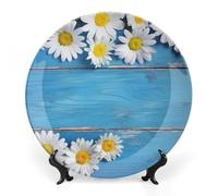 RLDOBOFE Daisy Flowers Blue Wooden Decorative Plate Ceramic Display Plate with Stand Salad Plates Colorful Porcelain Dinner Dishes Dessert Appetizer Dishes for Kitchen Party Table Decor 10inch