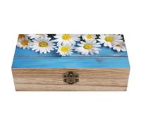 RLDOBOFE Daisy Flowers Blue Wooden Wooden Keepsake Box with Lids Wood Storage Box with A Hinged Lid Decorative Boxes Table Large Rectangular Organizer Container for Jewelry Photos Craft