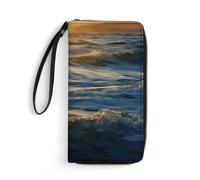 RLDOBOFE Dawn Ocean Waves PU Leather Wallet with Rope, Zip Multi-Layer Pocket Card Holder, Small Purse for Men And Women