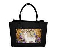 RLDOBOFE Deer And Flowers Felt Tote Bag Reusable Foldable Grocery Bag Versatile Large Capacity Commuter Handbag, Black, One Size
