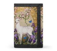 RLDOBOFE Deer And Flowers Trifold Wallet Minimalist Mens Wallet with Key Hook 8 Card Slots Modern Stylish Polyester Security Wallets Fashion Slim Credit Card Holder Id Window