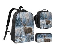 RLDOBOFE Deer on frozen wilderness Backpack Set 3 PCS - 17 Inch Laptop Backpack with Lunch Bag, Waterproof Daypack Insulated Lunch Box Large Capacity Coin Pouch Personalized Gift