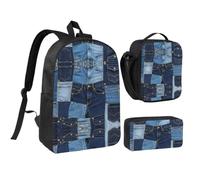 RLDOBOFE Denim Print Backpack Set 3 PCS - 17 Inch Laptop Backpack with Lunch Bag, Waterproof Daypack Insulated Lunch Box Large Capacity Coin Pouch Personalized Gift