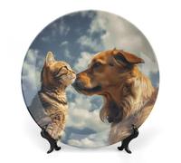 RLDOBOFE Dog And Cat Decorative Plate Ceramic Display Plate with Stand Salad Plates Colorful Porcelain Dinner Dishes Dessert Appetizer Dishes for Kitchen Party Table Decor 8inch