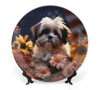 RLDOBOFE Dog And Flowers Decorative Plate Ceramic Display Plate with Stand Salad Plates Colorful Porcelain Dinner Dishes Dessert Appetizer Dishes for Kitchen Party Table Decor 7inch