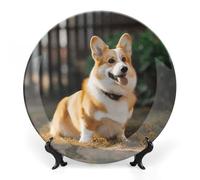 RLDOBOFE Dog Corgi Decorative Plate Ceramic Display Plate with Stand Salad Plates Colorful Porcelain Dinner Dishes Dessert Appetizer Dishes for Kitchen Party Table Decor 8inch