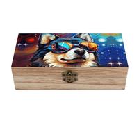 RLDOBOFE Dog Wearing Glasses Wooden Keepsake Box with Lids Wood Storage Box with A Hinged Lid Decorative Boxes Table Large Rectangular Organizer Container for Jewelry Photos Craft