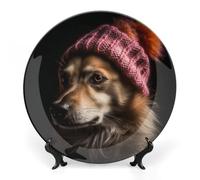 RLDOBOFE Dog Wearing Hat Decorative Plate Ceramic Display Plate with Stand Salad Plates Colorful Porcelain Dinner Dishes Dessert Appetizer Dishes for Kitchen Party Table Decor 8inch