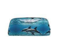RLDOBOFE Dolphins In The Sea print Pencil Bag waterproof Zipper Pencil Case Leather Pen Box Cosmetic Bag For Office Pencil