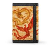 RLDOBOFE Dragon Phoenix Trifold Wallet Minimalist Mens Wallet with Key Hook 8 Card Slots Modern Stylish Polyester Security Wallets Fashion Slim Credit Card Holder Id Window