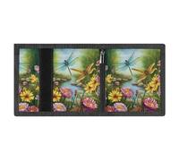 RLDOBOFE Dragonfly Garden Spring Trifold Wallet Minimalist Mens Wallet with Key Hook 8 Card Slots Modern Stylish Polyester Security Wallets Fashion Slim Credit Card Holder Id Window