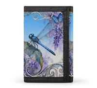 RLDOBOFE Dragonfly Jacaranda Leaf Trifold Wallet Minimalist Mens Wallet with Key Hook 8 Card Slots Modern Stylish Polyester Security Wallets Fashion Slim Credit Card Holder Id Window