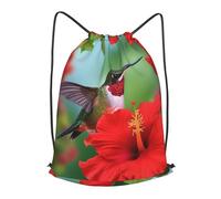 RLDOBOFE Drawstring Backpack Woemn Men Sports Gym Sack Lightweight Drawstring Bags Hummingbird Red Hibiscus Flower Cinch Bag Sackpack For Work Swim Travel