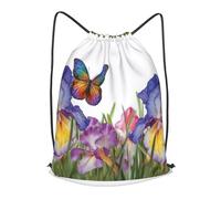 RLDOBOFE Drawstring Backpack Woemn Men Sports Gym Sack Lightweight Drawstring Bags Iris Flower Butterfly Cinch Bag Sackpack For Work Swim Travel