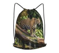 RLDOBOFE Drawstring Backpack Woemn Men Sports Gym Sack Lightweight Drawstring Bags Jaguar Cat On Tree Trunk Waterfall Cinch Bag Sackpack For Work Swim Travel