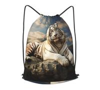 RLDOBOFE Drawstring Backpack Woemn Men Sports Gym Sack Lightweight Drawstring Bags Majestic Tiger Resting On A Rock With Cloudy Sky Cinch Bag Sackpack For Work Swim Travel