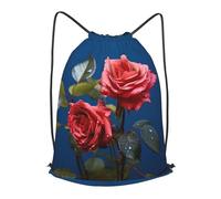RLDOBOFE Drawstring Backpack Woemn Men Sports Gym Sack Lightweight Drawstring Bags Red Rose Flower In Blue Cinch Bag Sackpack For Work Swim Travel
